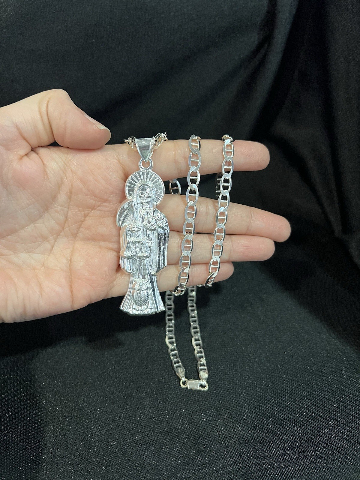 925 Sterling Silver Men Lady Santa Muerte Big Grim Reaper Mariner Chain 22 26 30