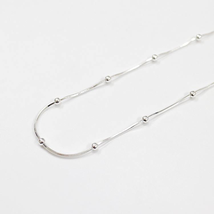 Woman Real S925 Sterling Silver Station Beaded Ball Necklace Snake Chain