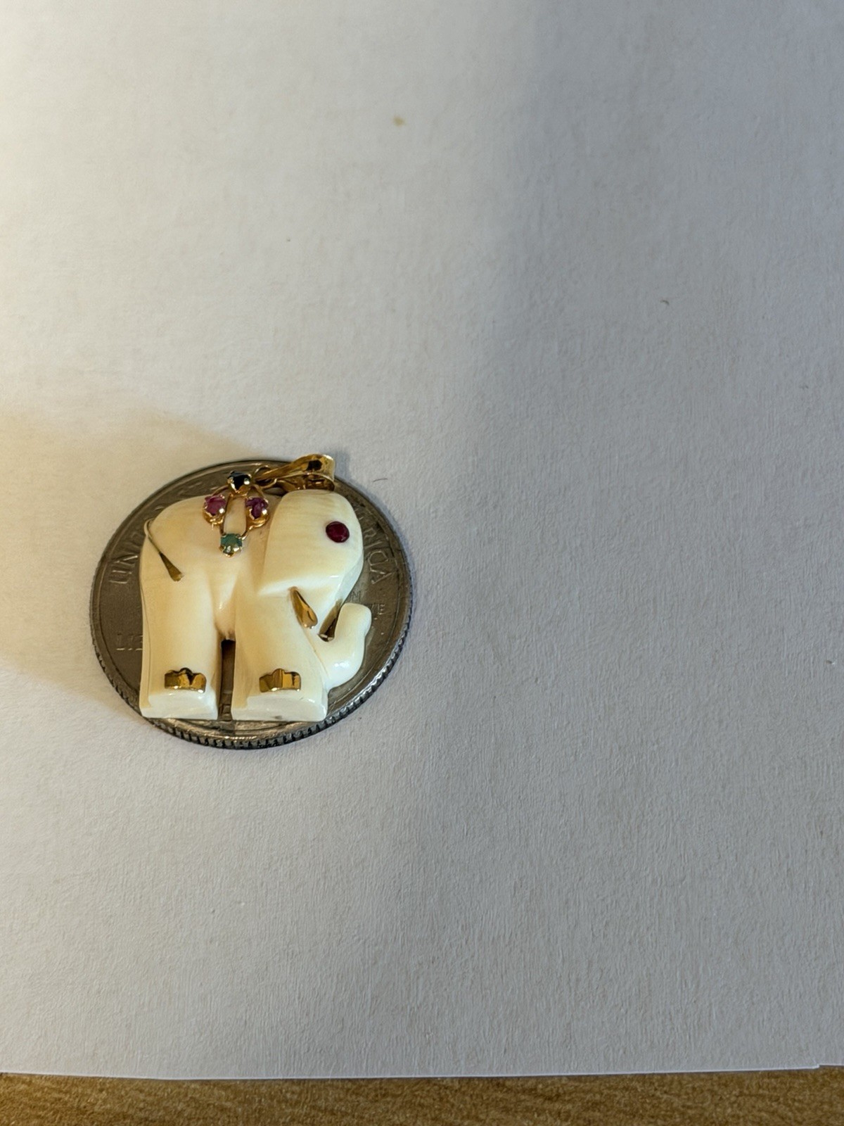 Unusual Carved Elephant Pendant, 14 Kt Gold, Ruby And Emeralds