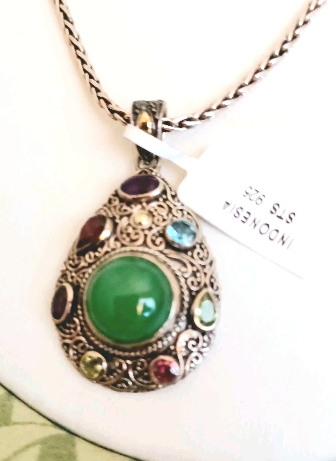 Burmese Green Jade Diamond Pendant Necklace in 925 Sterling Silver.