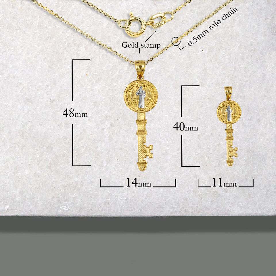 Two-Tone Gold Saint Benedict Medal Key Pendant Necklace (S/L)(Yellow/Rose/White)