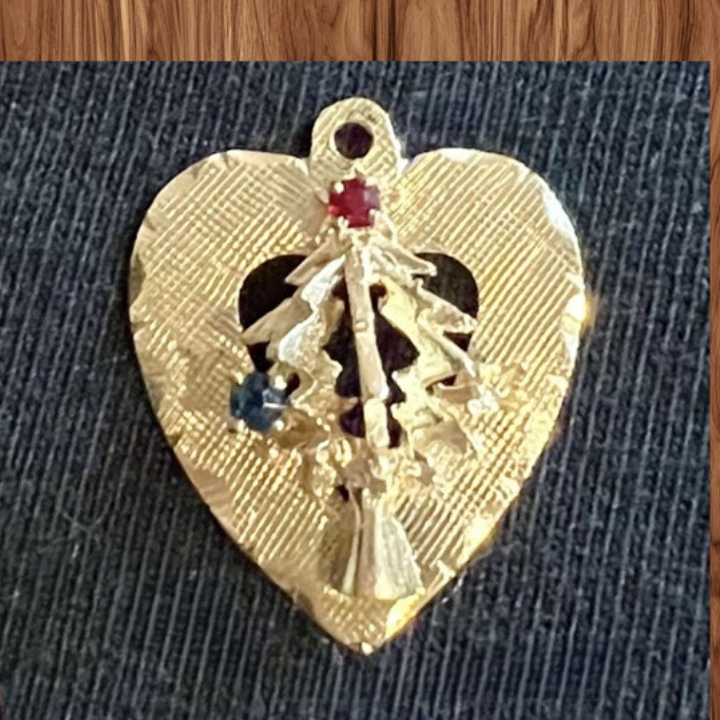 Iconic Vintage 14K Gold- Heart surrounding Tree Charm with 2 Gemstones