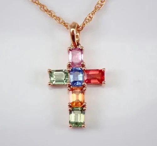 Emerald Cut LabCreated Multicolor Women Cross PendantChain 14kYellow Gold Plated