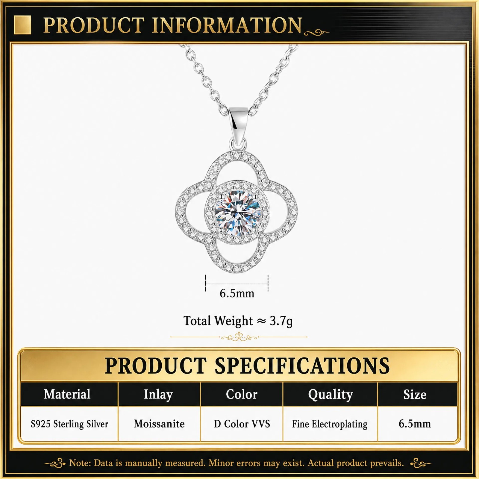 1CT Moissanite Four Leaf Clover Pendant Necklace 925 Sterling Silver