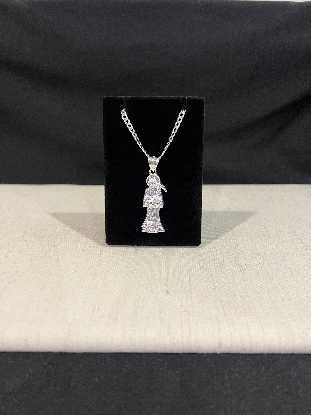 .925 Sterling Silver Womens Small Santa Muerte Grim Reaper & Curb Chain 20 24 30