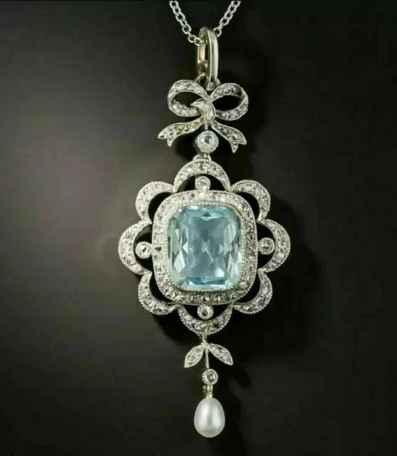 18″ Chain 3Ct Cushion Lab Created Aquamarine Halo Pendant 14K White Gold Plated