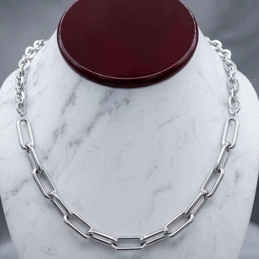 925 Sterling Silver Mixed Paperclip Oval Rope Link Chain Necklace Rhodium Finish