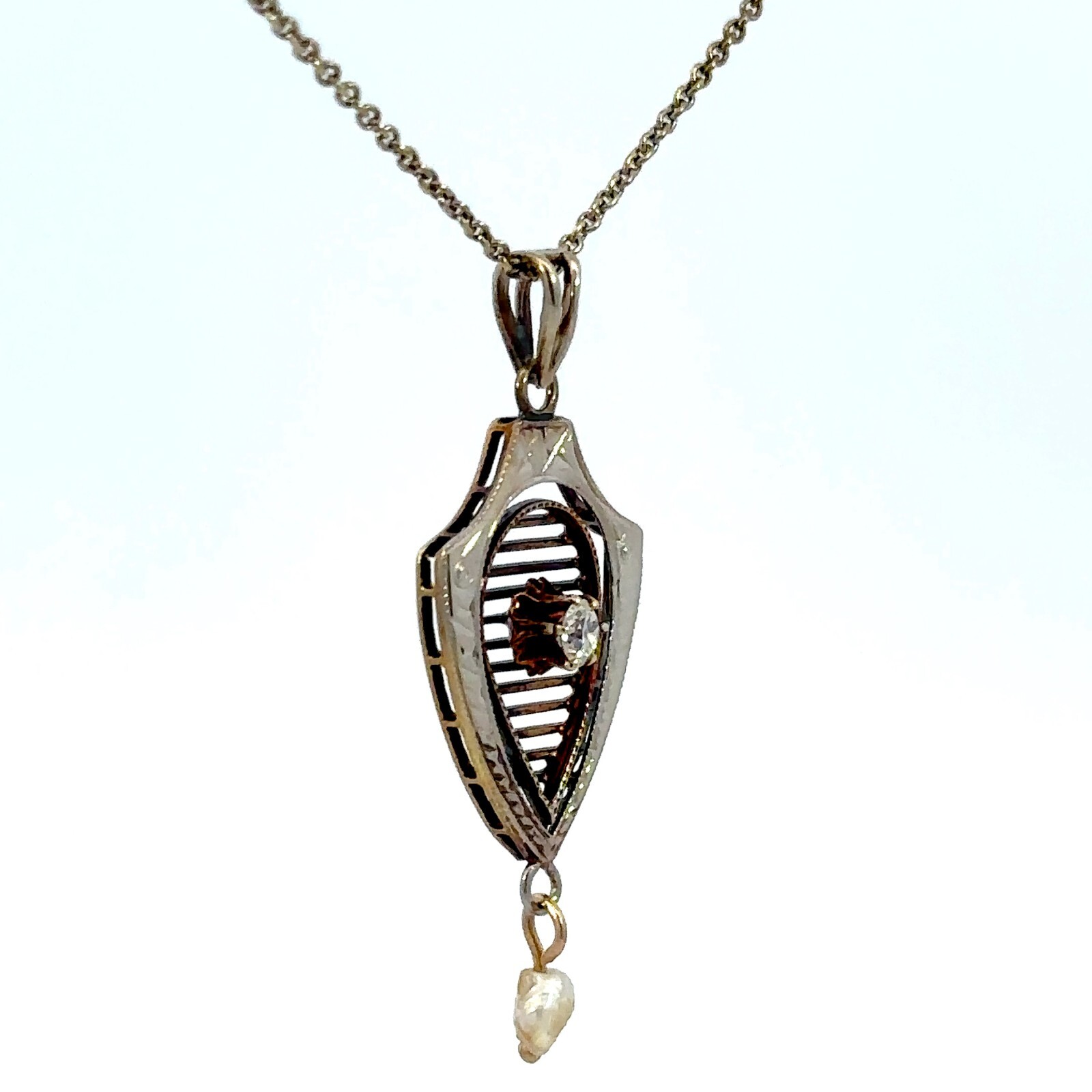 Vintage 14K Yellow Gold Diamond and Pearl Shield-Like Pendant Necklace 16″