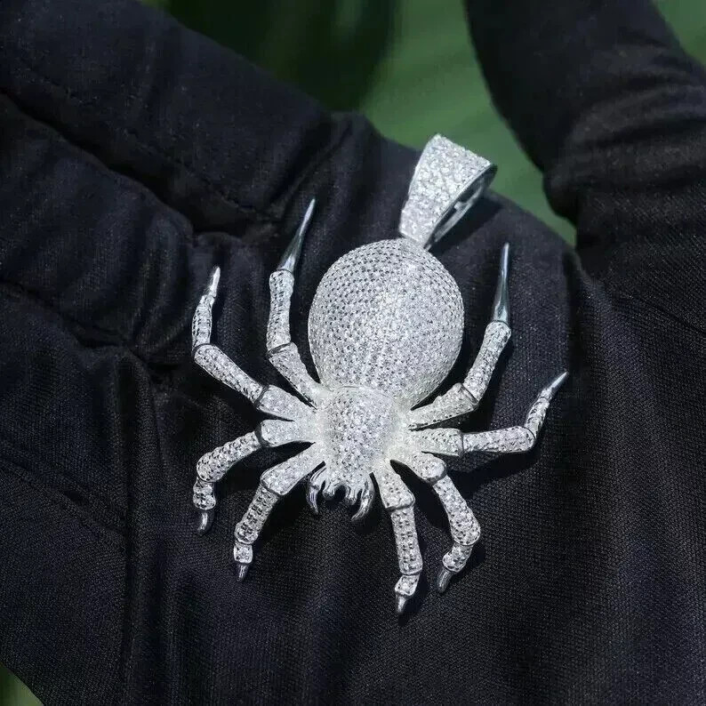 2 Ct Round Cut Real Moissanite Men’s Spider Charm Pendant 925 Sterling Silver