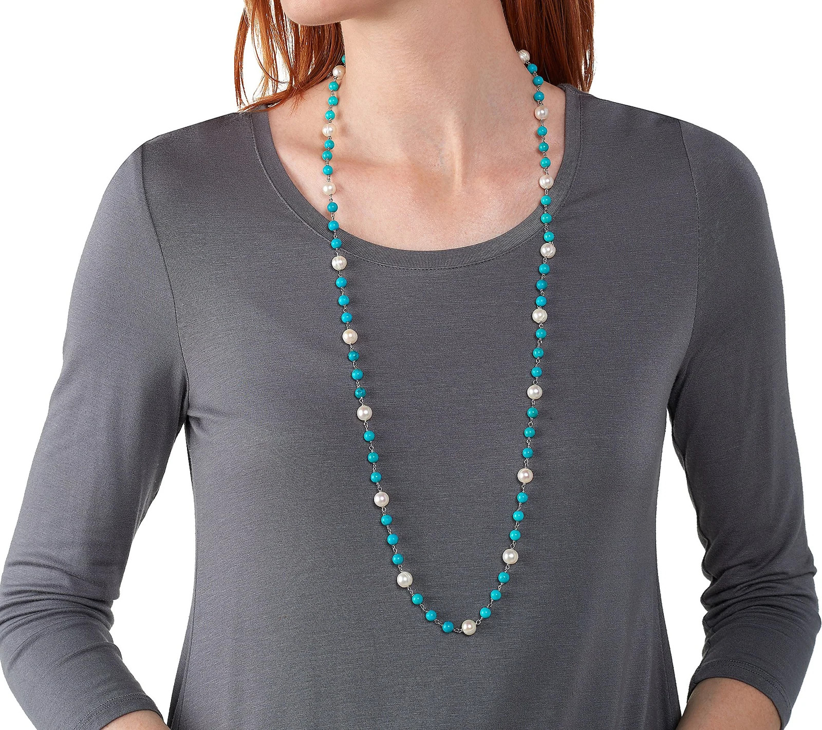 Honora Cultured Pearl & Turquoise Gemstone Bead 36″ Sterling Silver Necklace