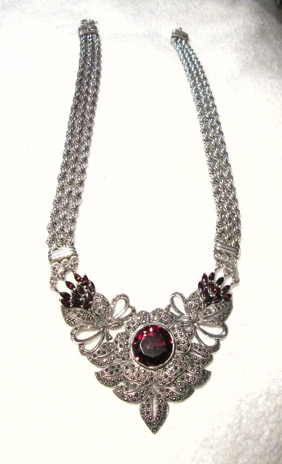 STATEMENT PIECE Sterling Silver Large GARNET MARCASITE Necklace STUNNING 76.7 G