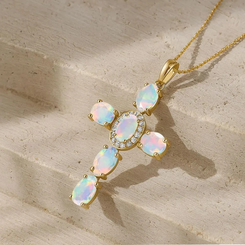 Multifire White Opal Gemstone Gold Cross Pendant, Ethiopian Opal Chain Pendant