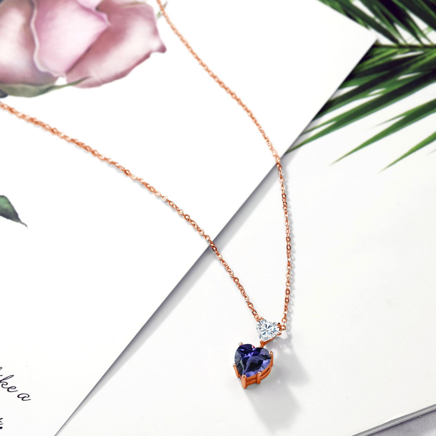 18K Rose Gold Plated Silver Heart Shape Blue Iolite and Moissanite Pendant
