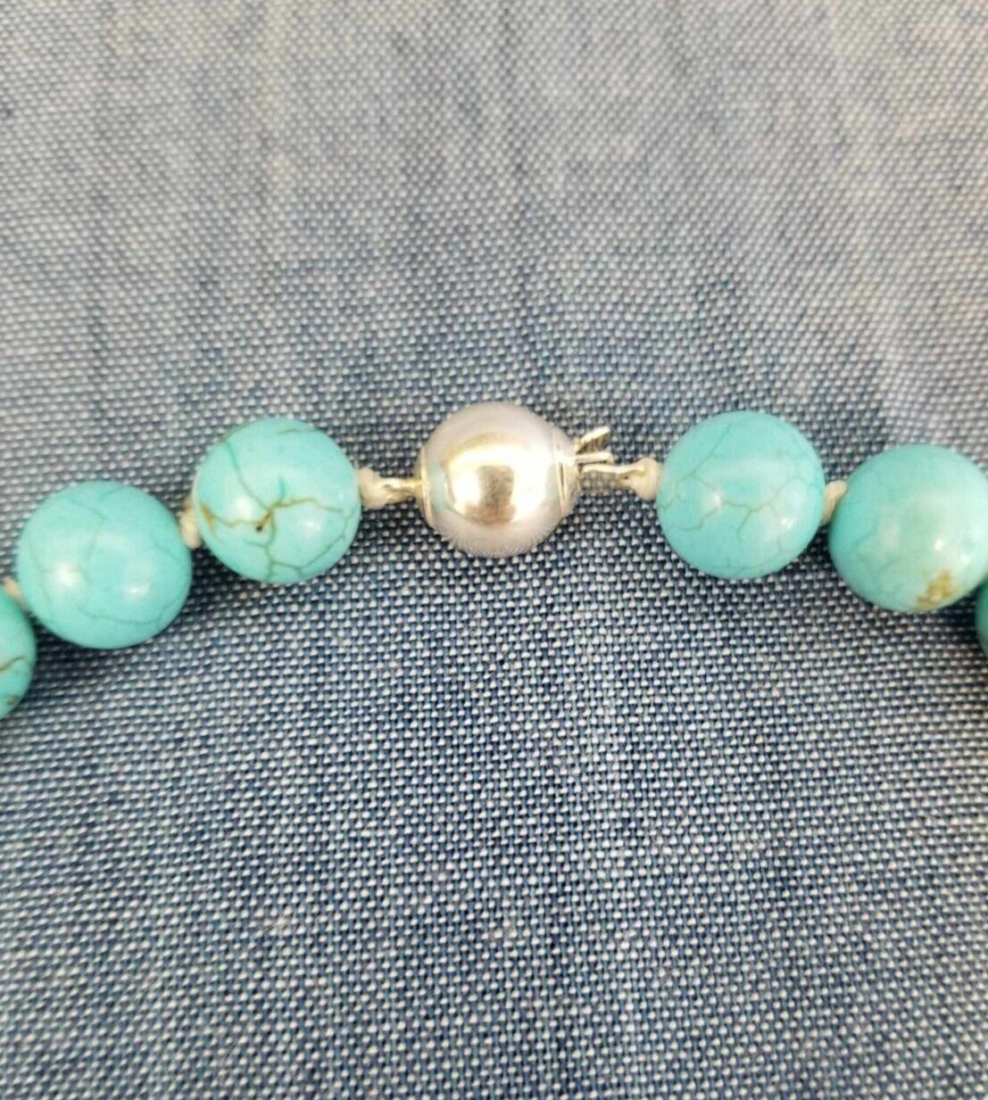 turquoise magnesite necklace, perfect round 9mm, 30″, 925 clasp