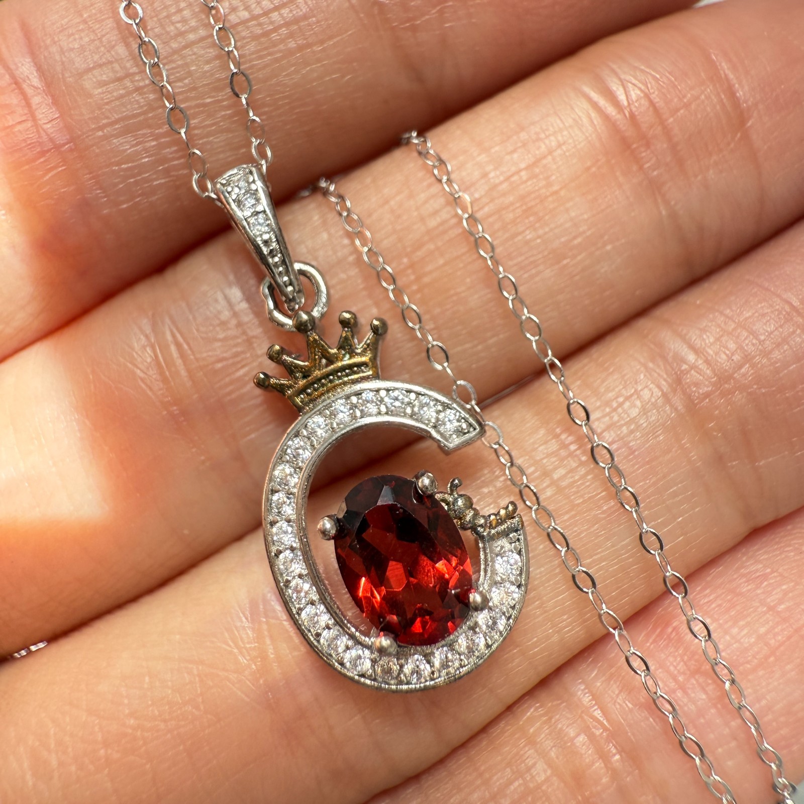 925 Sterling Silver Necklace 7x5mm Natural Garnet Zircon Crown Handmade Chain