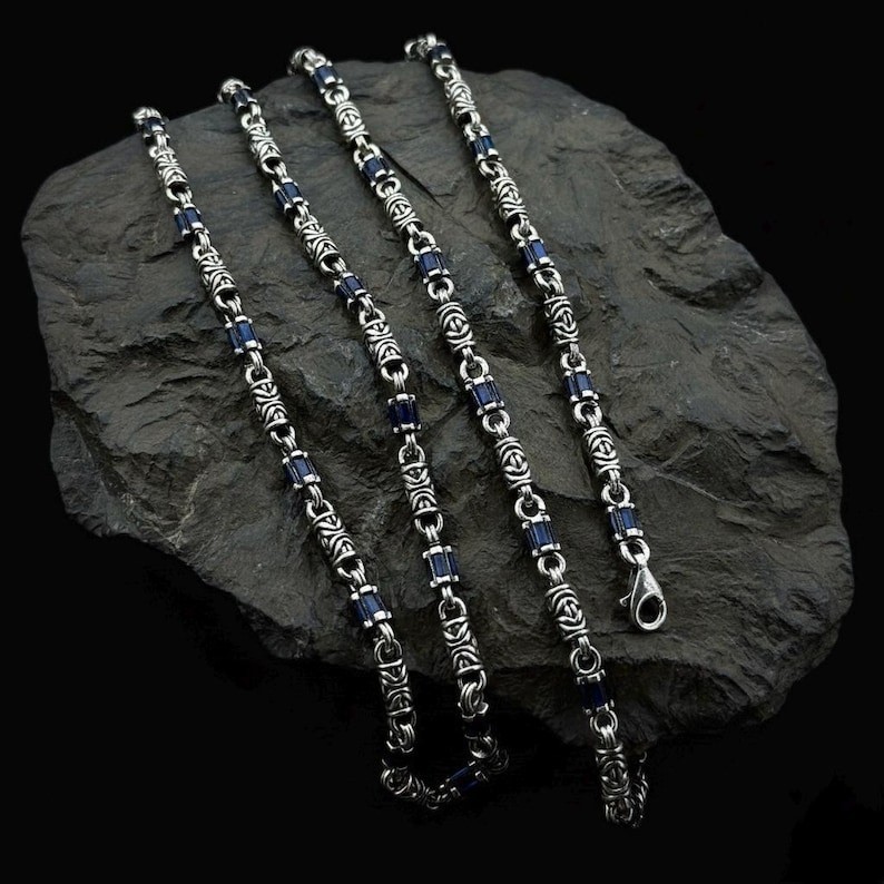Men Silver Sapphire Stone Engraved Necklace Sapphire Stone Link Chain Necklace