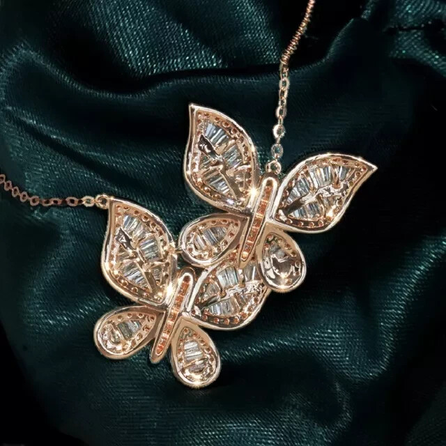 2.30Ct Round Cut Real Moissanite Double Butterfly Pendant 14K Rose Gold Plated