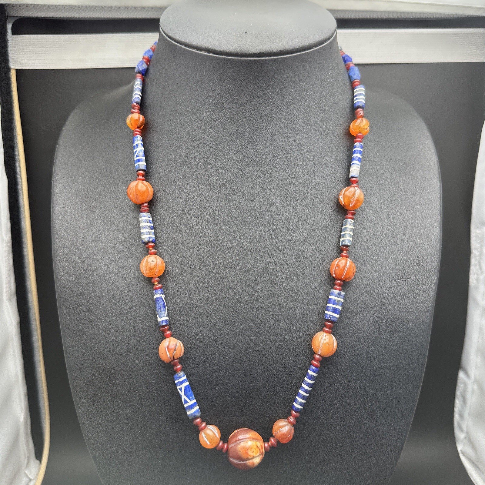 Genuine Antique Etched Lapis Carnelian Pyu Culture Beaded Beautiful Necklace