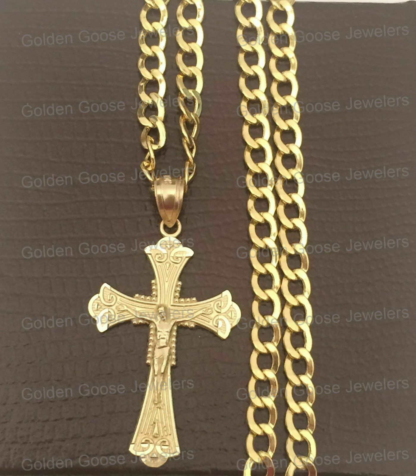 10k Yellow Gold Jesus Crucifix Cross Pendant Charm Cuban Link Chain 16″ – 24″