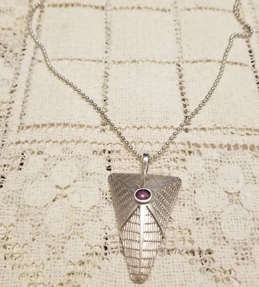 WES WILLIE Signed Pendant,.925 Silver Chain Hammered Pyramid All Seeing Red Ruby
