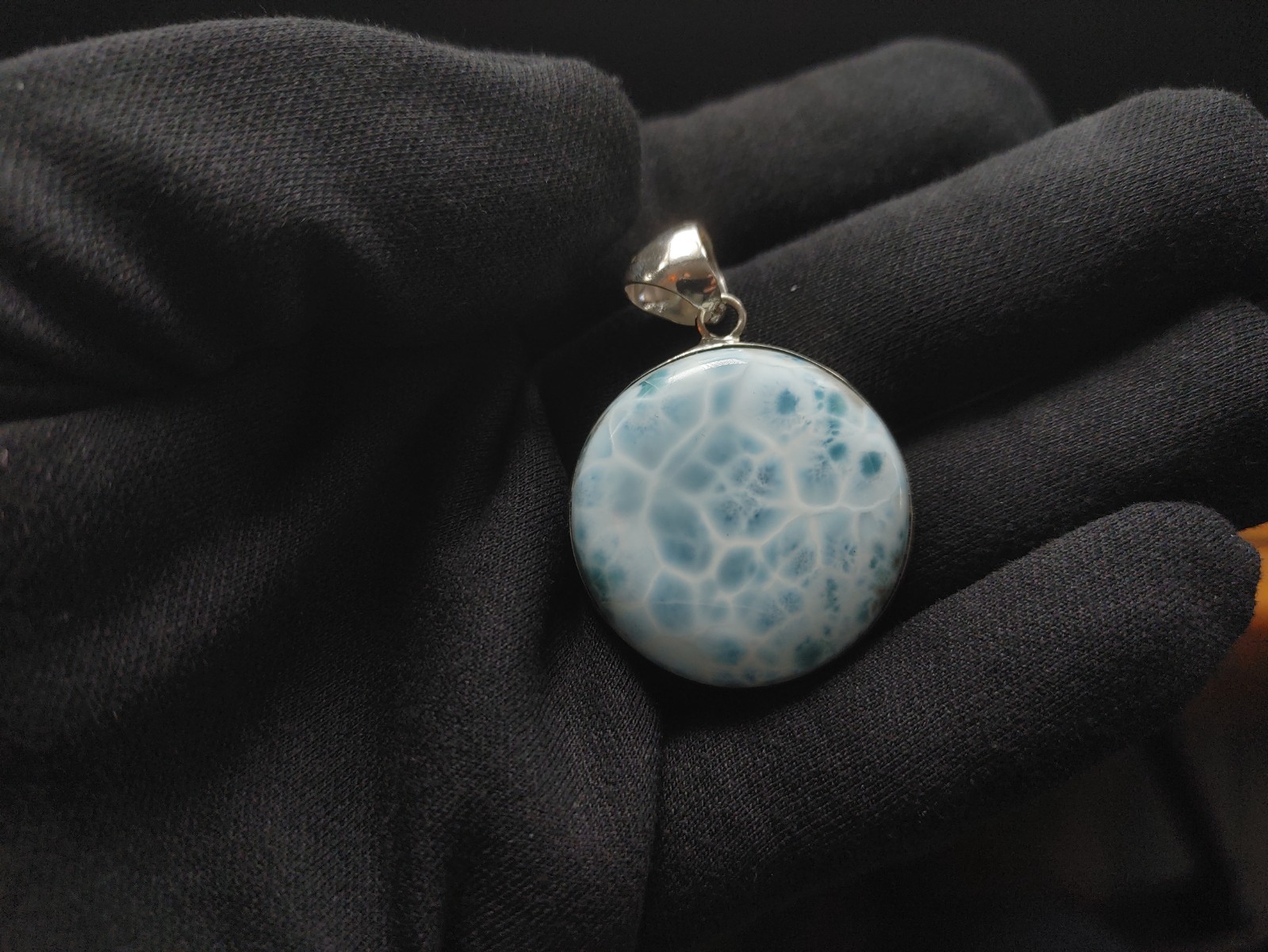Larimar Circle Pendant- Sterling Silver Setting 23.6 grams