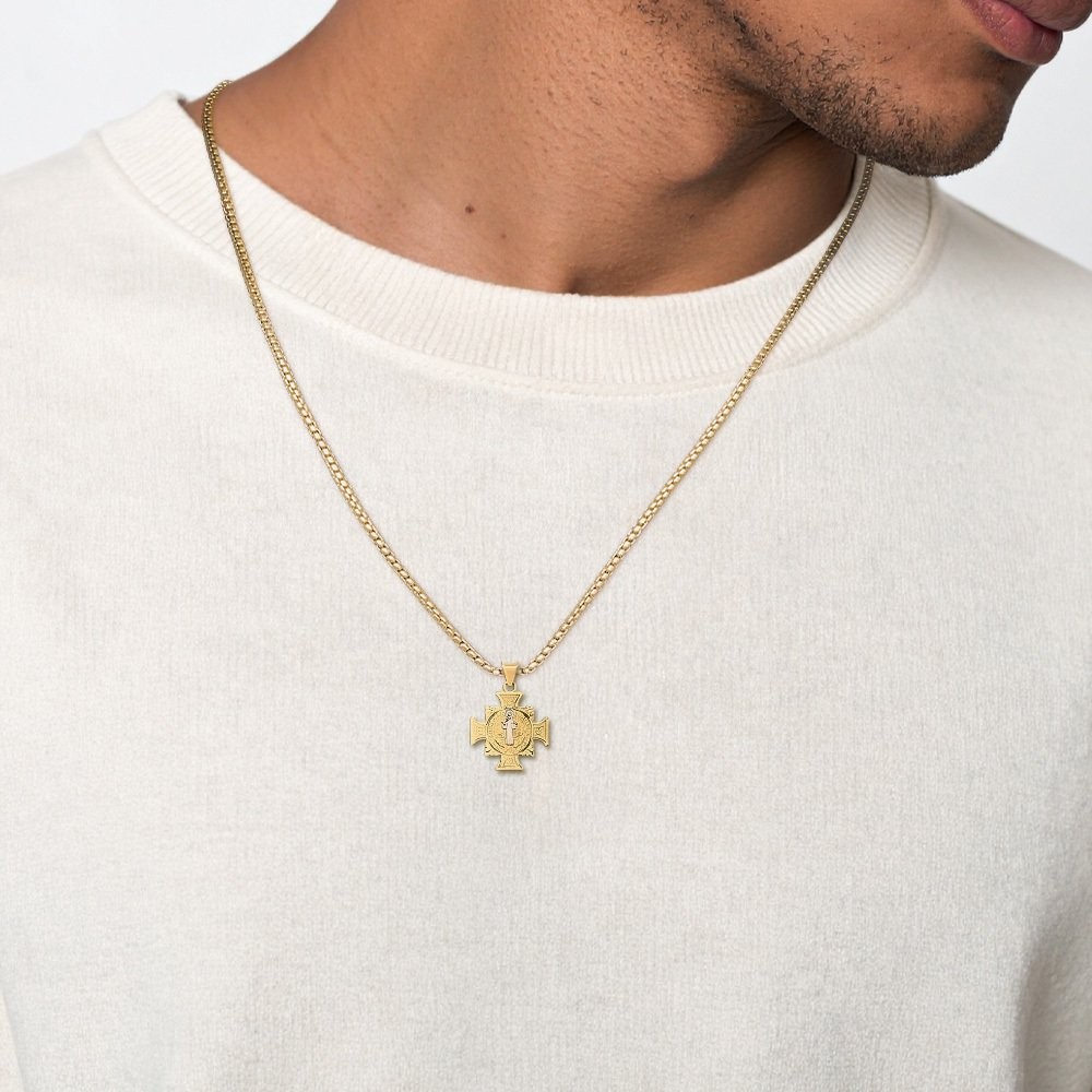 14K Yellow Gold Medium Saint Benedict Medal Pendant Necklace 25.5mm 1 inch