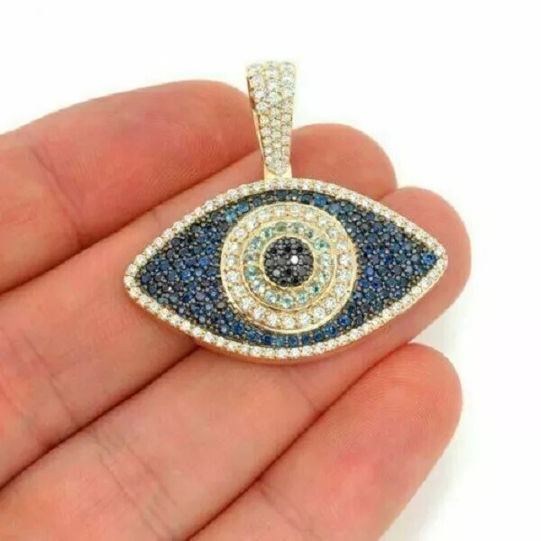3.00Ct White & Blue Diamond Evil Eye Charm Unisex Pendant 14k Yellow Gold Finish