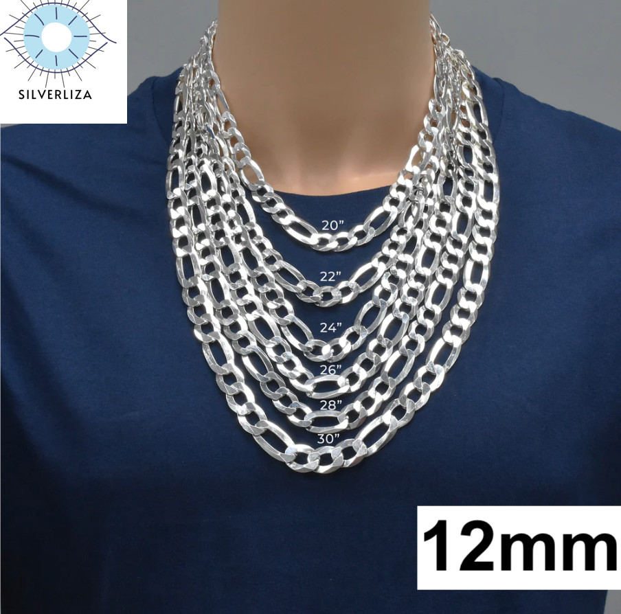 Sterling Silver Men’s Women’s Figaro Solid Chain Bracelet or Necklace 925 Italy
