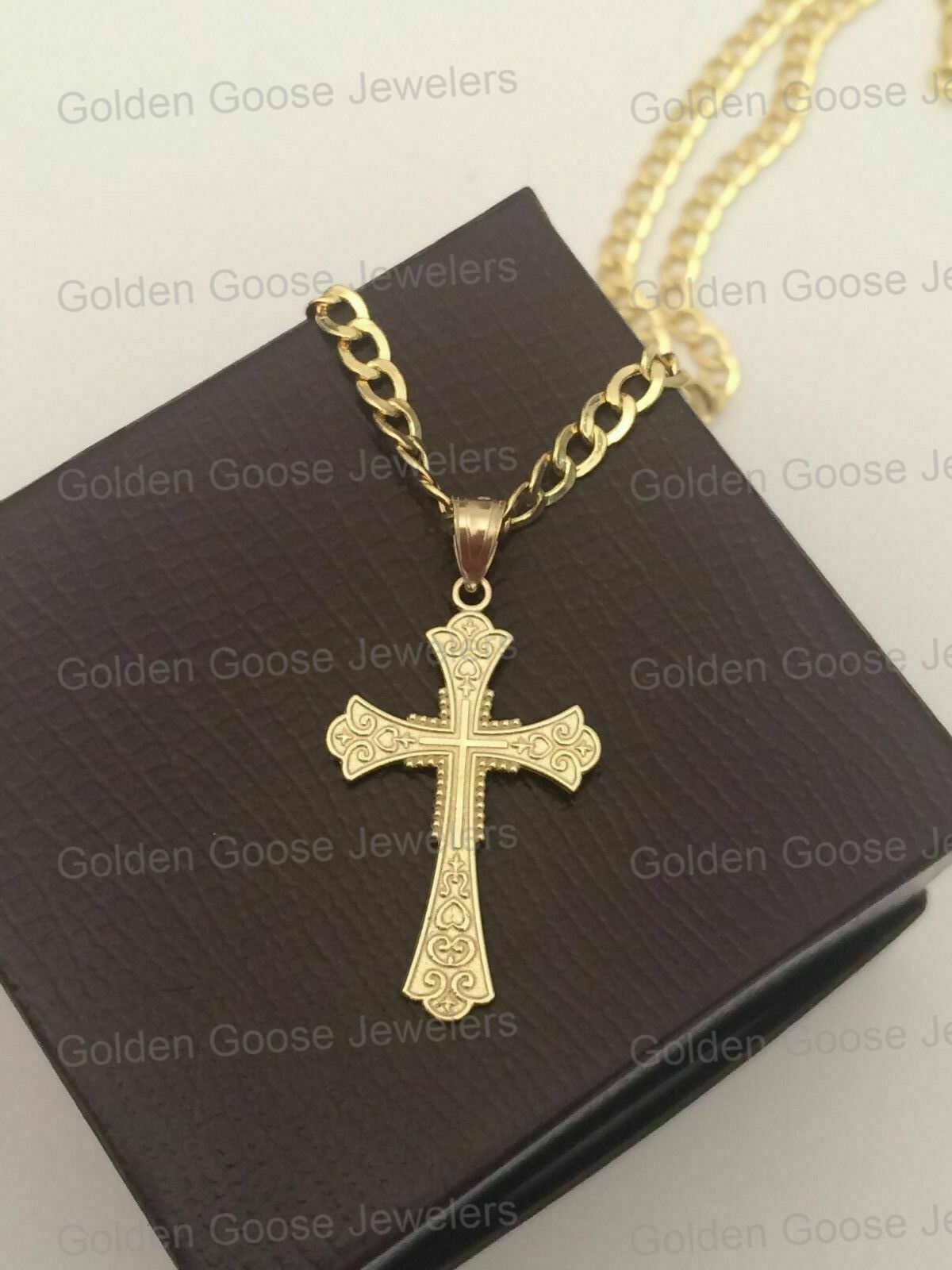 10k Yellow Gold Jesus Crucifix Cross Pendant Charm Cuban Link Chain 16″ – 24″