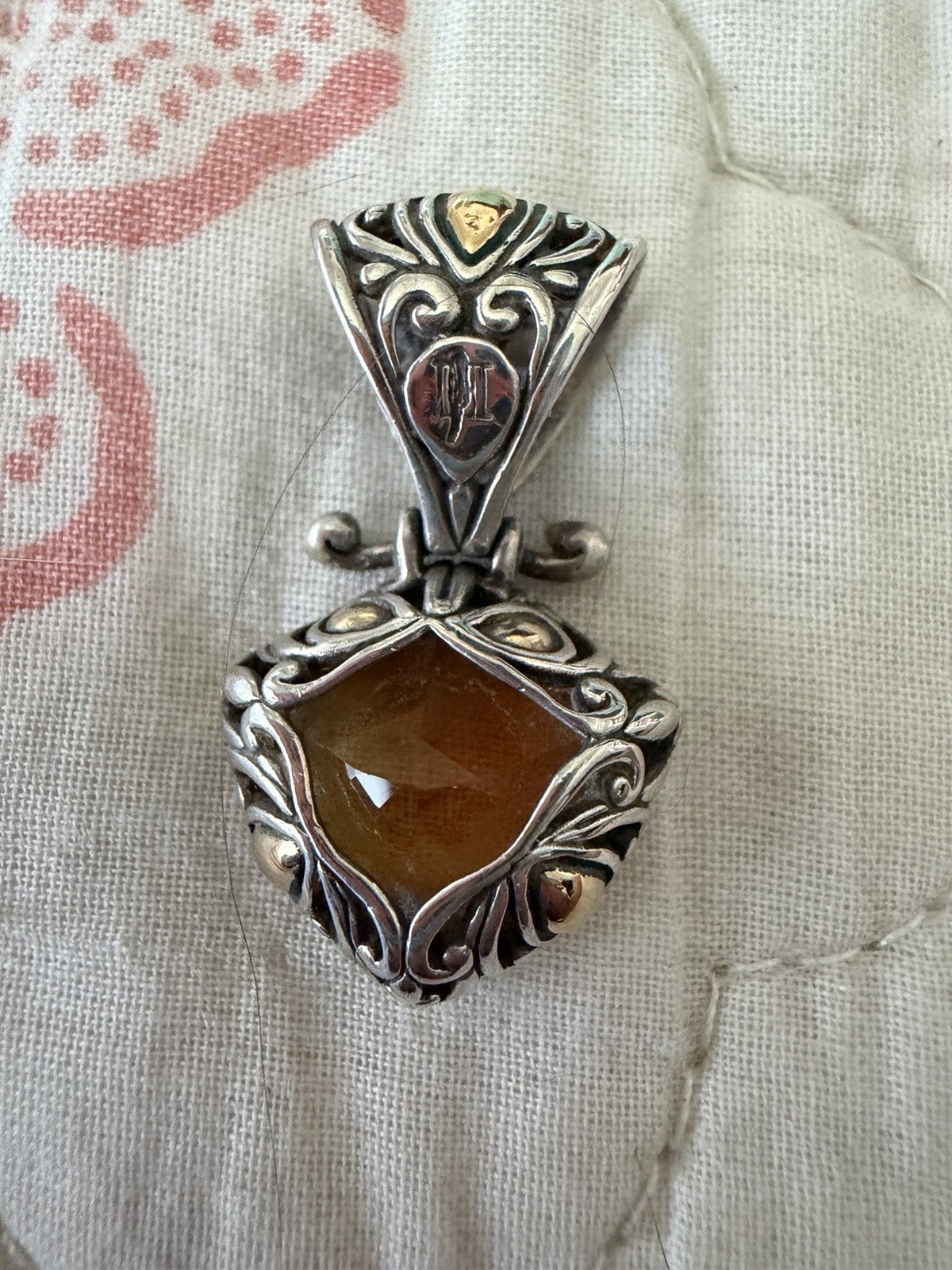 John Hardy citrine pendant W/intricate filigree sterling silver & 18K gold