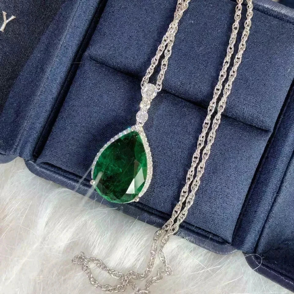 3Ct Pear Cut Green Emerald Women’s Halo Pendant 14K White Gold Finish