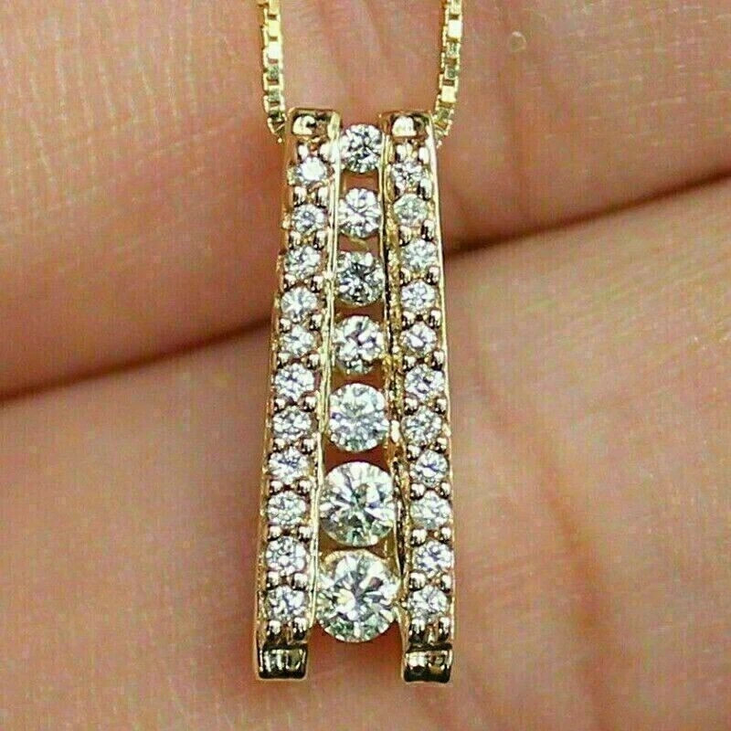 New 1.50Ct Round diamond Bar Pendant 14K Yellow Gold Plated Silver Free Chain