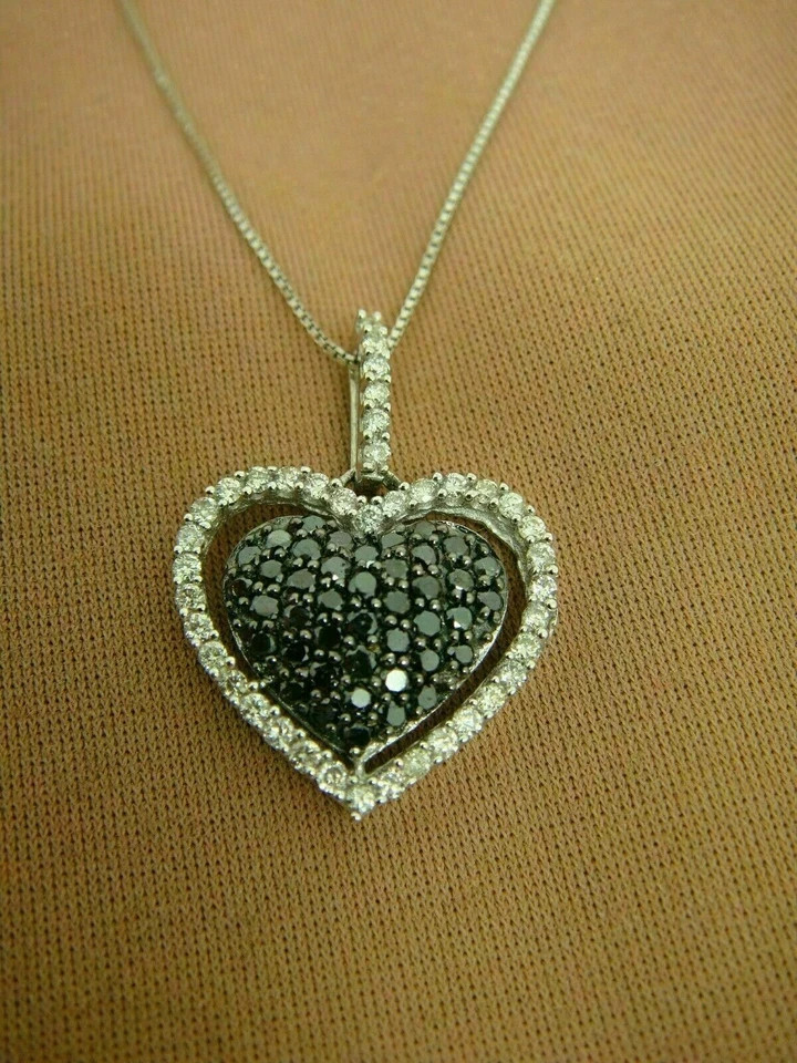 1.15 Ct Round & Black Cut Diamond Heart Pendant 14K White Gold Finish