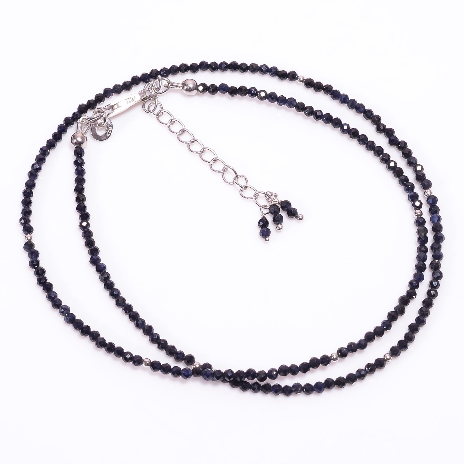 Natural Blue Sapphire 925 Sterling Silver Faceted Beads Necklace 17-19″ P-789