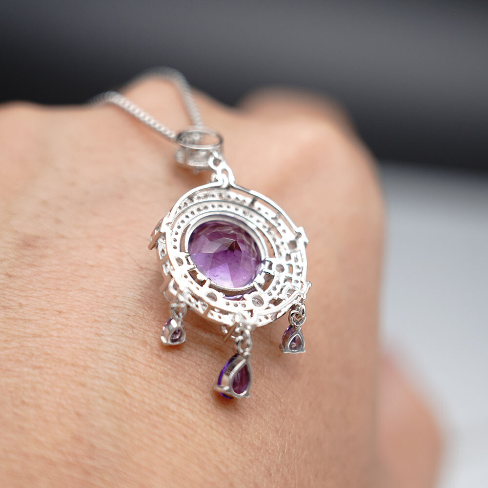 Genuine Real 925 Sterling Silver Purple Amethyst Gemstone Charm Pendant Necklace