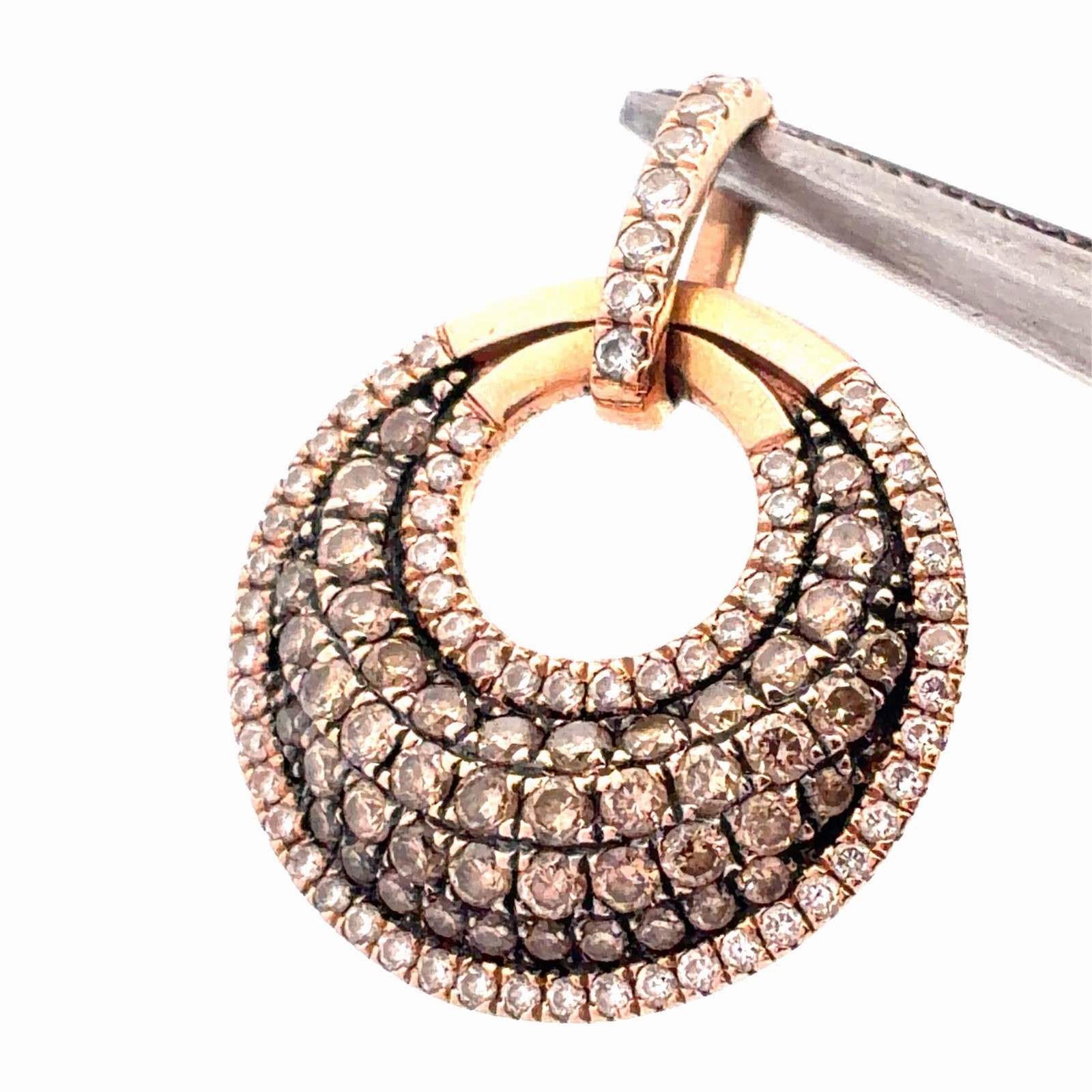 Estate 14K Rose Gold Enamel Pave Diamond Crescent Moon Circle Pendant