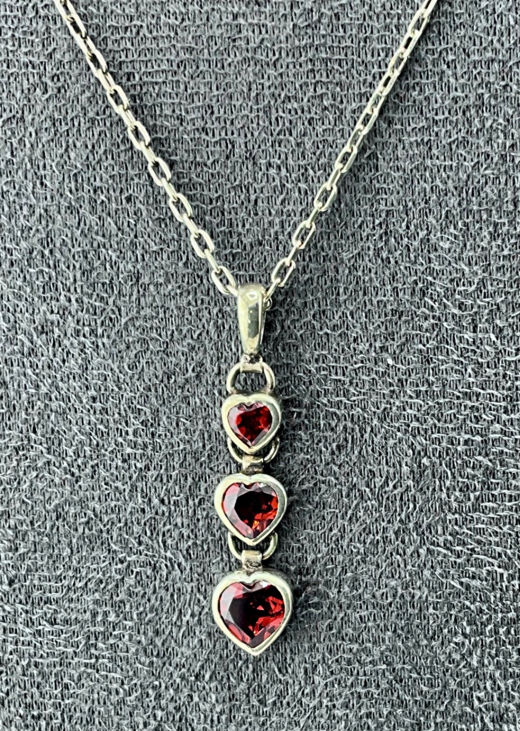Minimalist Sterling Silver Three Heart Pendant Red Garnet with 17” Chain