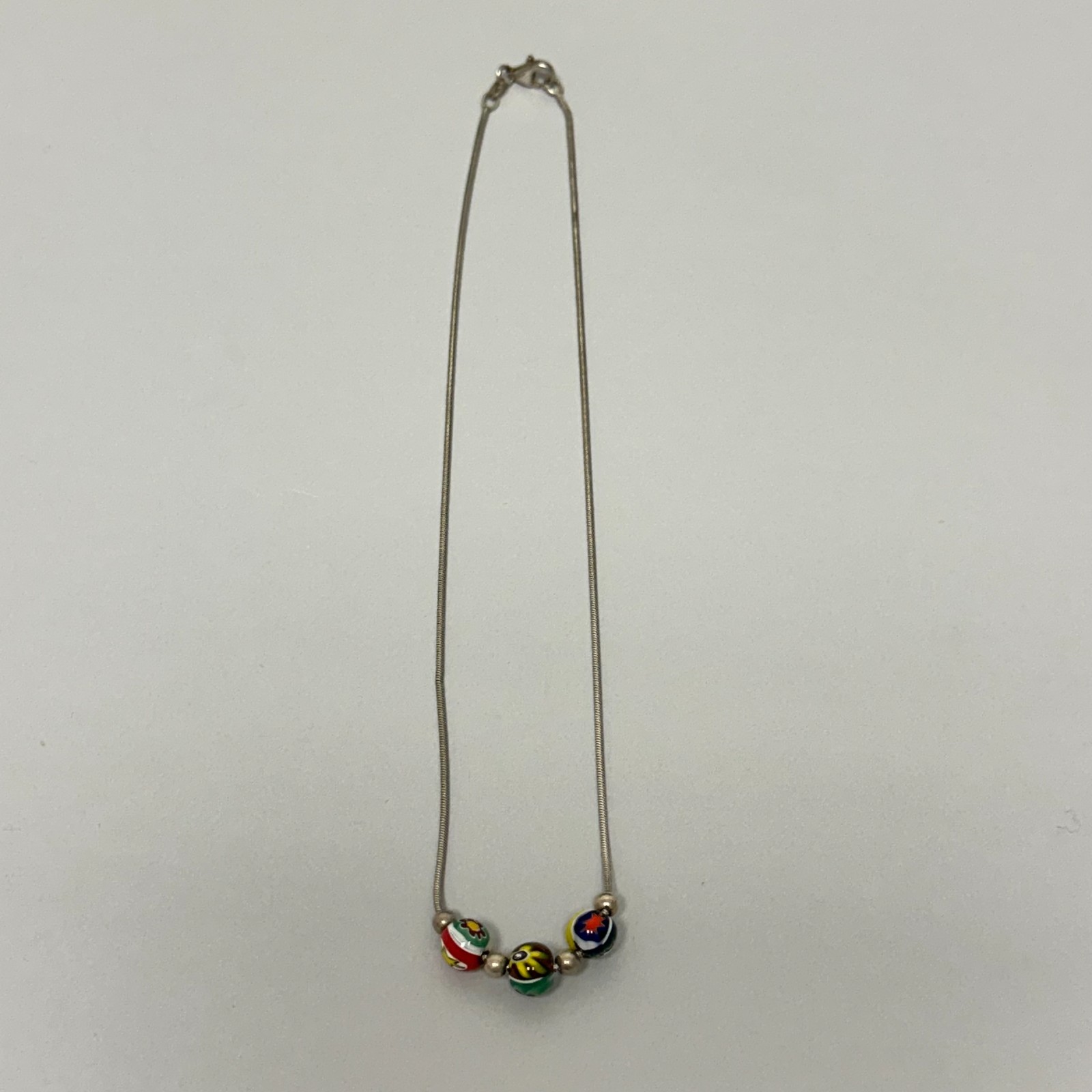 Sterling Silver Venetian Millefiori Beaded Necklace Snake Chain Italy Minimalist