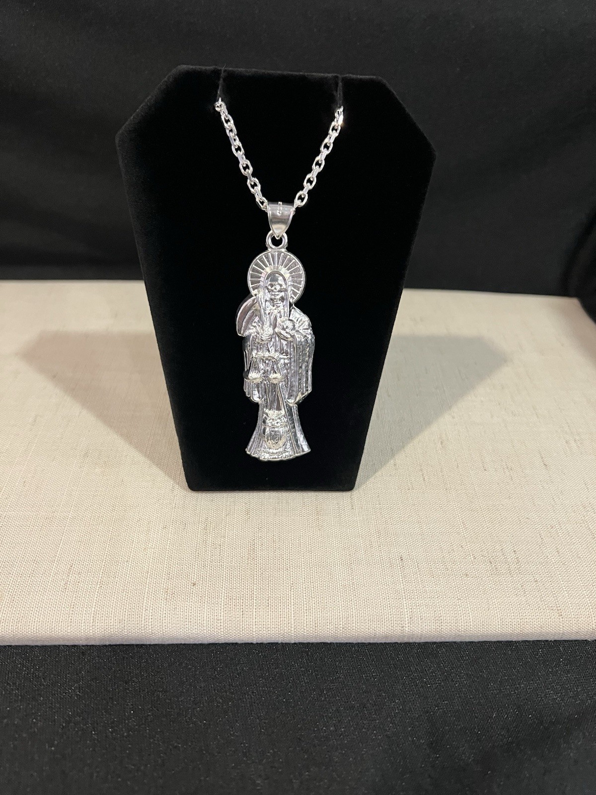 925 Sterling Silver Men Lady Santa Muerte Big Grim Reaper & Forz Chain 22 26 30