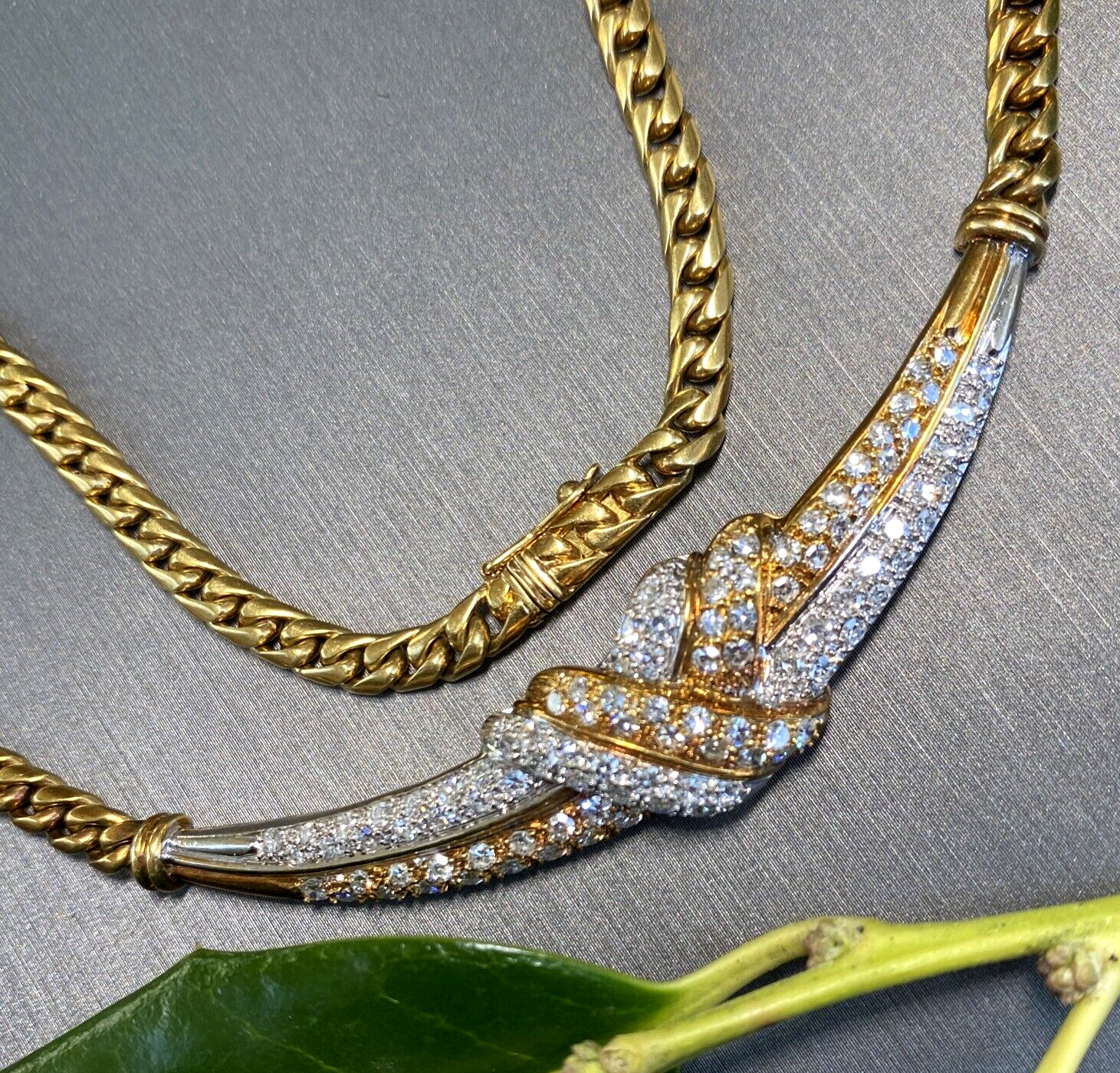 18K Yellow White Gold Diamond Love Knot X Crescent Vintage Cuban Chain Necklace