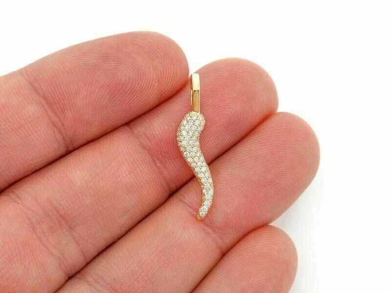 1.20 Ct Moissanite Italian Horn Amulet Pendant Free Chain 14K Yellow Gold Plated