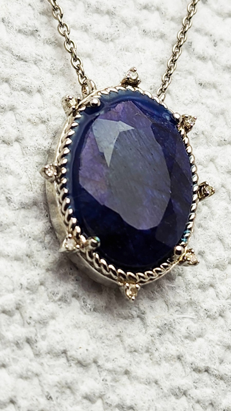 Wonderful Sterling Silver Diamond & Natural Opaque Sapphire Oval 18” Necklace