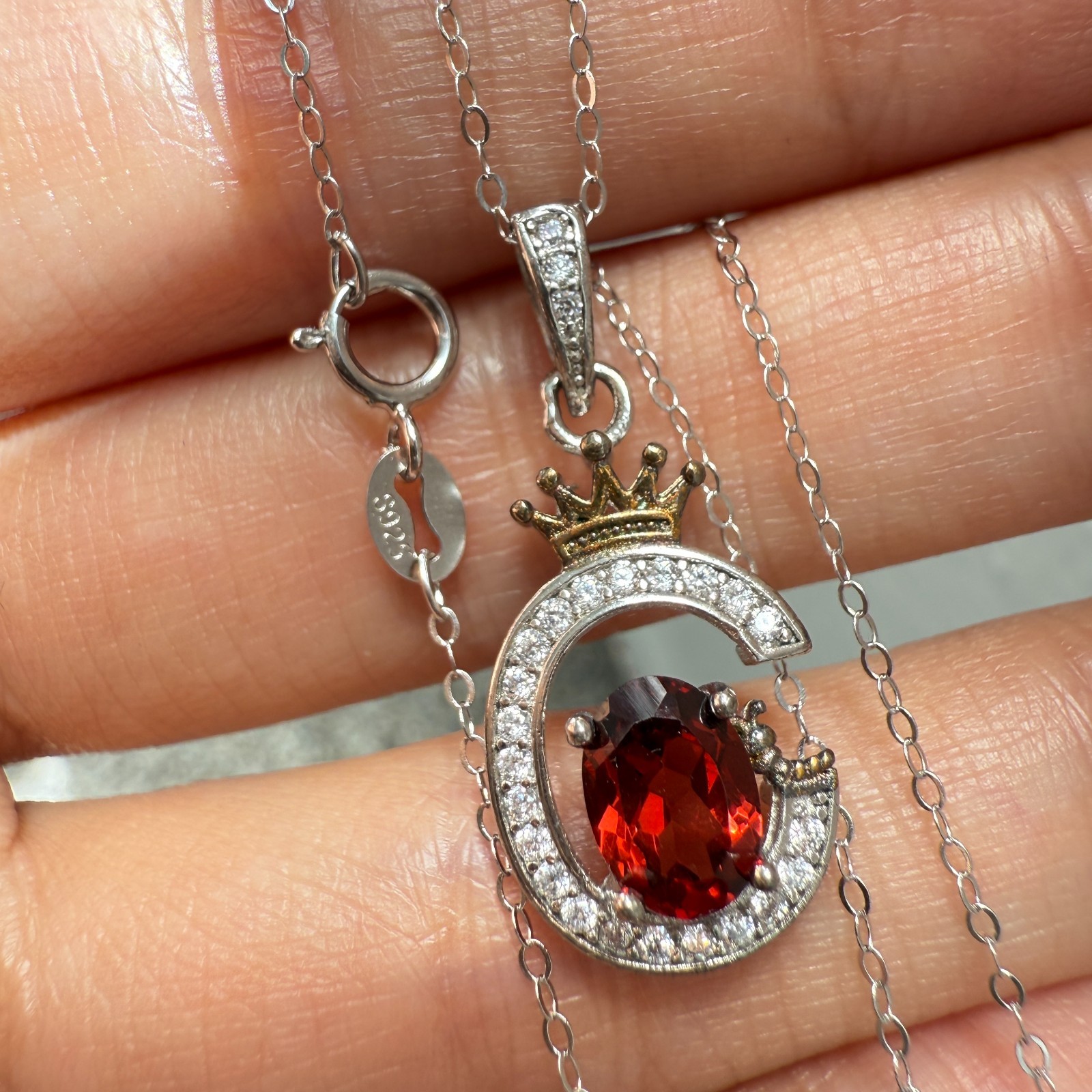 925 Sterling Silver Necklace 7x5mm Natural Garnet Zircon Crown Handmade Chain