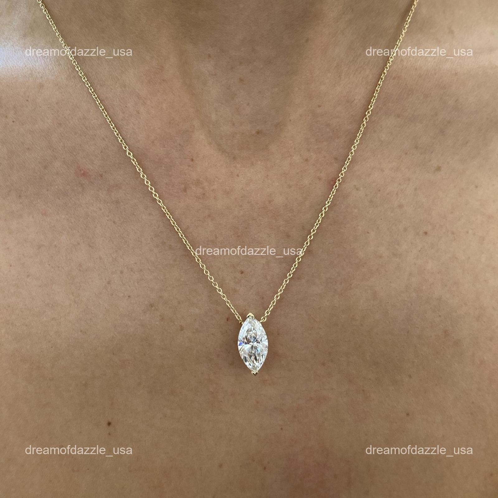 14K Solid Yellow Gold Marquise Lab Grown Diamond Birthday Chain Necklace Jewelry