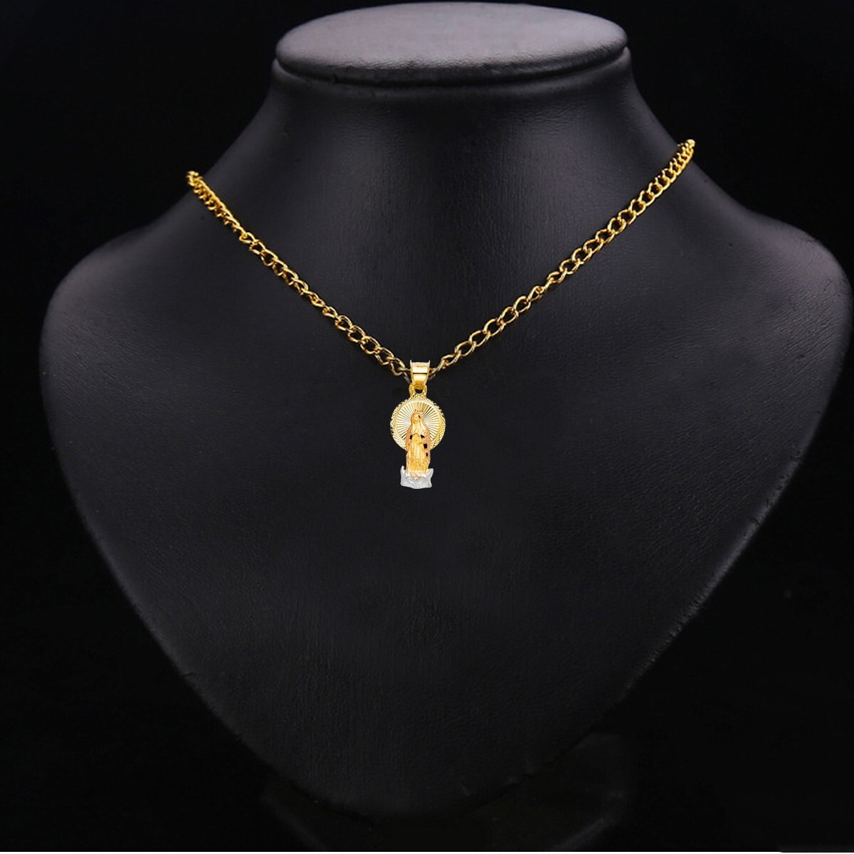 14K Tri Color Gold Diamond Cut Guadlupe Stamp Religious Pendant