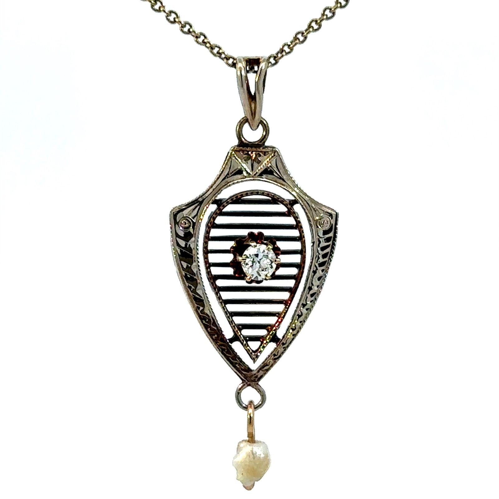 Vintage 14K Yellow Gold Diamond and Pearl Shield-Like Pendant Necklace 16″