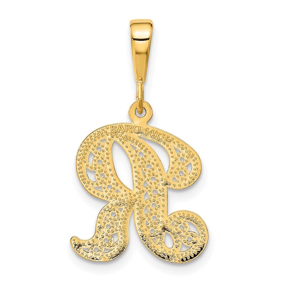 14k Yellow Gold, Maci Collection, LG Filigree Script Initial R Pendant