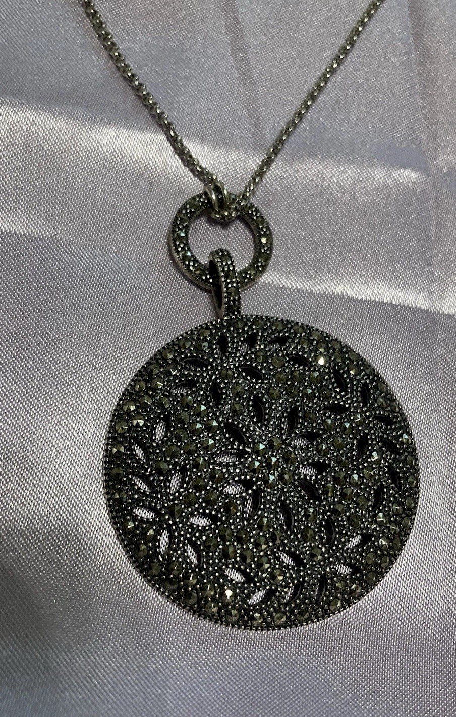 Vintage Judith Jack $285 Sterling Silver 925 Marcasite Dome Pendant Necklace 36”