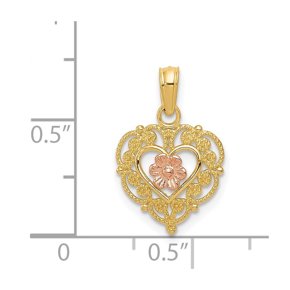 14K Two-tone Gold Flower in Fancy Border Heart Pendant 0.72gm L-0.75 in