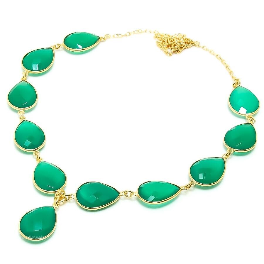 Natural Green Onyx Beaded Anniversary Wife Necklace Jewelry Yellow Gold Vermeil